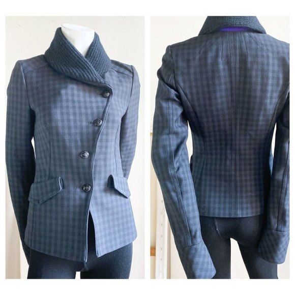 Drykorn Plaid Check Knit Collar Asymmetrical Closure Fitted Blazer XS - Picture 1 of 10